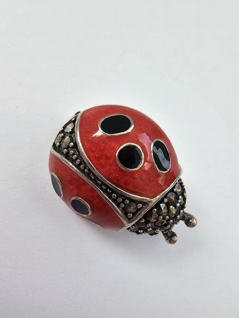 Vintage Sterling Silver Marcasite Red Enamel Ladybug Pin Brooch 925 Thailand